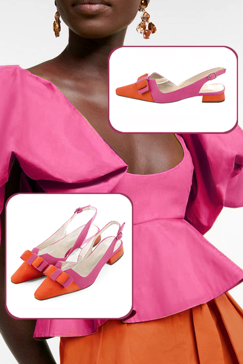 Women's clementine orange and hot pink elegant slingback heels, with a bow on the front. Tapered toe. Flat block heels - Top view